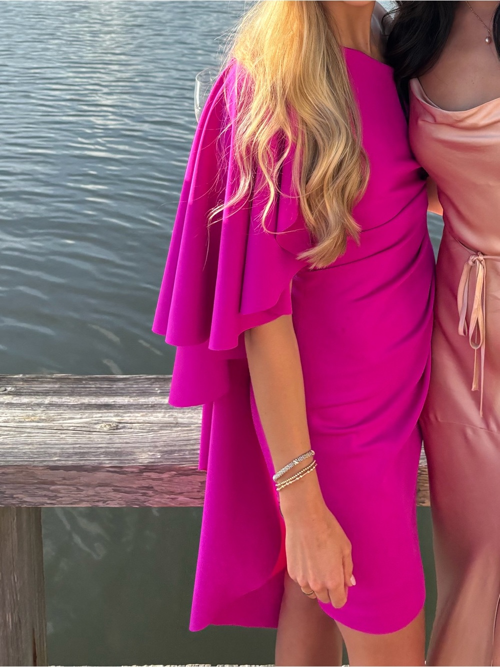 Black Halo One-Shoulder Fuchsia Capelet Dress